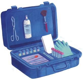 Illustration of an open blue forensic toolkit case containing various investigation supplies. Inside are test tubes, tweezers, a bottle labeled “Luminol,” a brush, gloves, swabs, slides, and paper sheets—tools typically used by scientists or detectives to collect and analyze evidence at a crime scene.